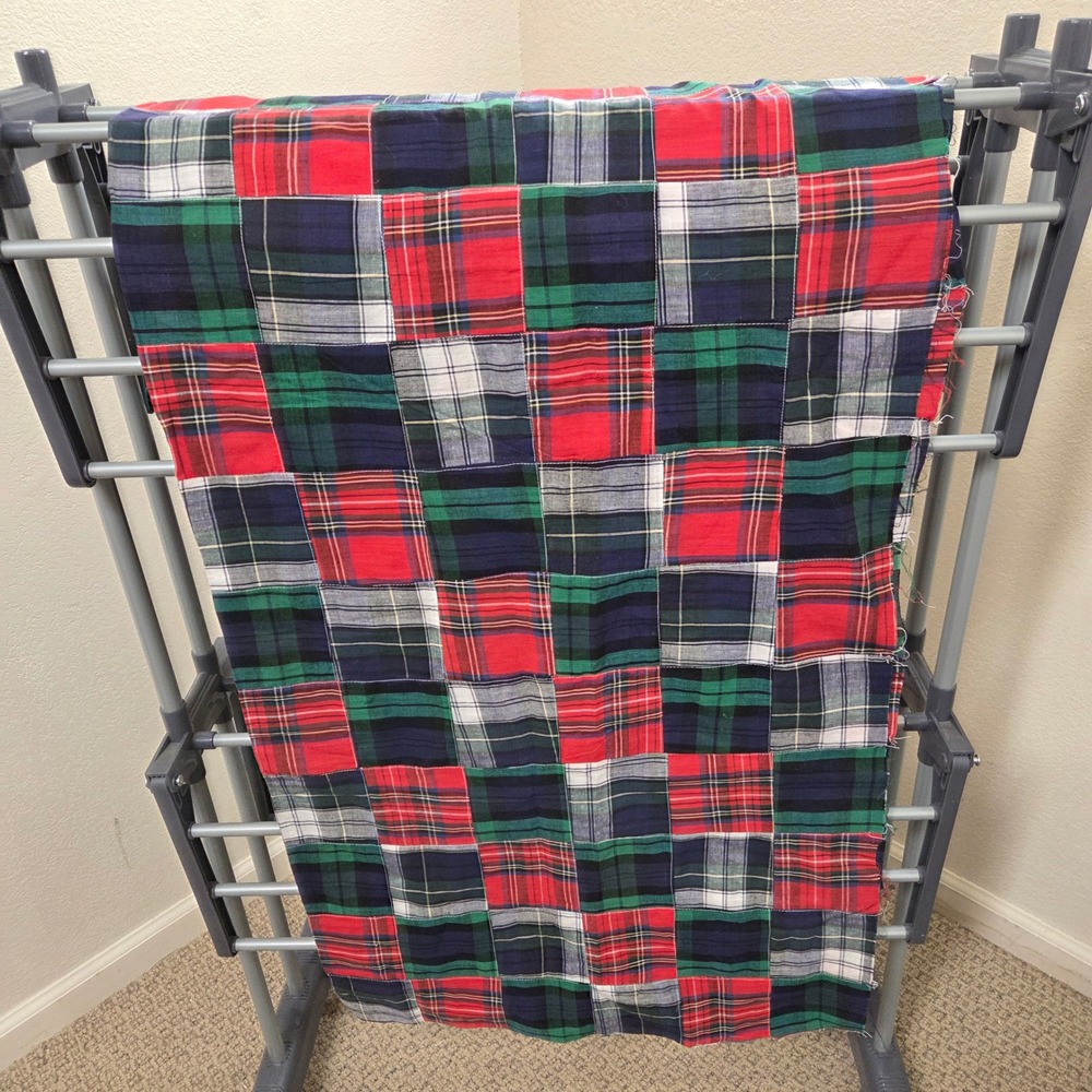 Vintage Plaid Patchwork Fabric 2 Pieces 57x42 Red Green Blue Tartan Madras DIY